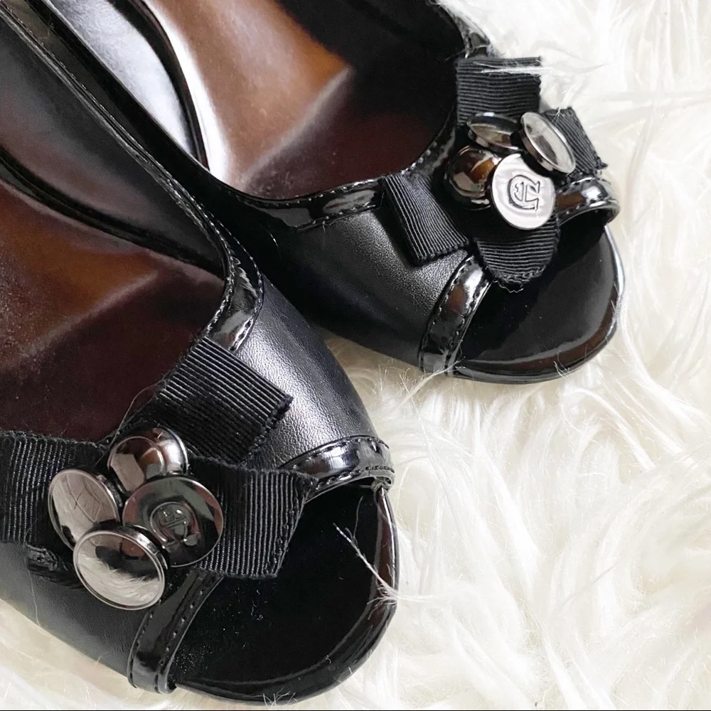 Etienne Aigner Black Peep Toe Patent Wedges SZ 8.5